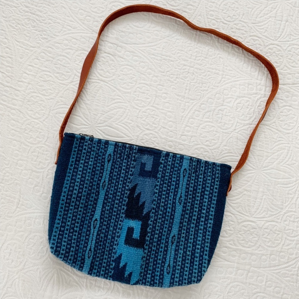 Handmade Boho‎ Woven Textile Shoulder Bag with Leather Strap, Blue